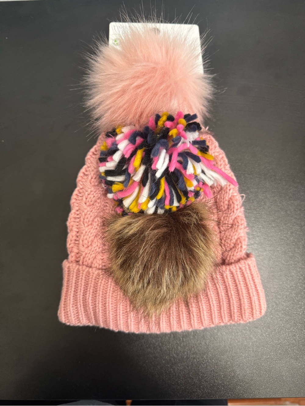 Time and Tru Pink Knit Beanie with Triple Pom Accents